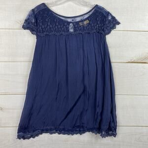 Carla Conti Silk Top Womens L Blue Lace Short Cap Sleeve Italy Lightweight